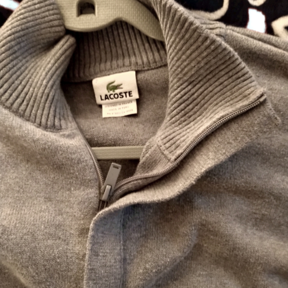 Lacoste Quarter Zip Cotton Sweater, Gray, 7 (XXL)
